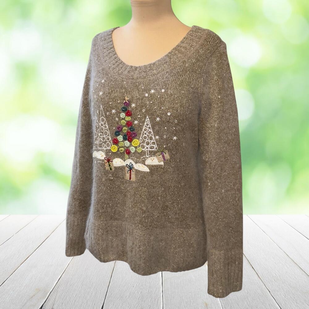 CHRISTOPHER BANKS Embroidered Christmas Sweater Silk Angora Blend Brown Size M